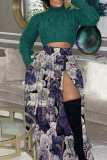 Deep Blue Casual Graphics Print Zipper Loose Mid Waist Side Slit Maxi Skirt