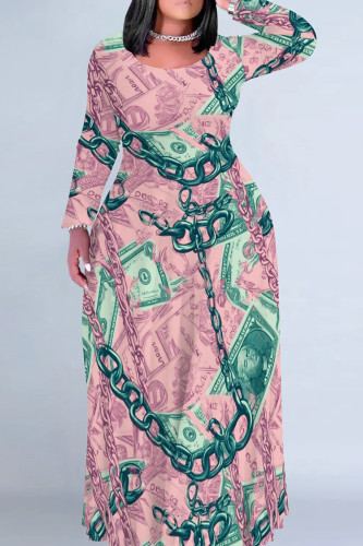 Pink Casual Graphcis Print O Neck Long Sleeve Straight Floor Length Vacation Baggy Plus Size Maxi Dress