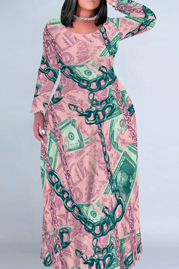 Pink Casual Graphcis Print O Neck Long Sleeve Straight Floor Length Vacation Baggy Plus Size Maxi Dress