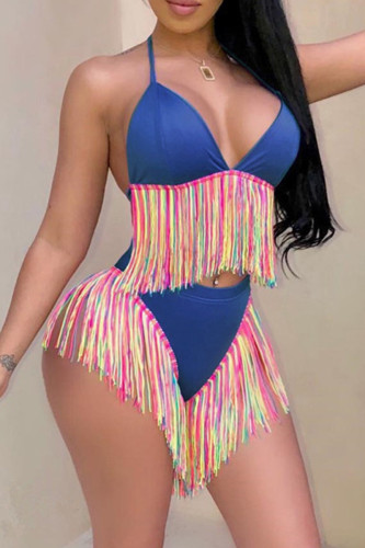 Blue Sleeveless Fringed Trim Halter Bikini And Mini Shorts Sportswear Vacation Beach Swimwears