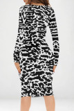 Orange White Casual Geometric Print V Neck Long Sleeve Bodycon Midi Dresses