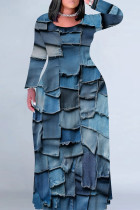 Blue Casual Graphcis Print O Neck Long Sleeve Straight Floor Length Vacation Baggy Plus Size Maxi Dress