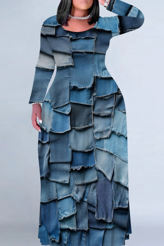 Blue Casual Graphcis Print O Neck Long Sleeve Straight Floor Length Vacation Baggy Plus Size Maxi Dress