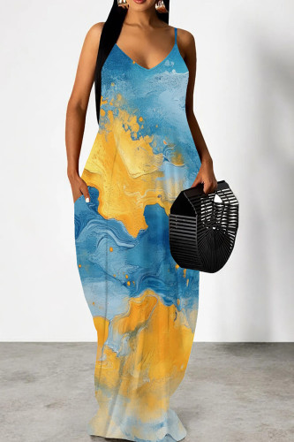 Blue Yellow Casual Graphcis Print Sleeveless Spaghetti Strap Floor Length Maxi Slip Dresses