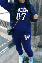 Blue Sportwear Casual Letter Print Long Sleeve Hooded Sweatshirt And Drawstring Pants Two Pieces Sweatpant Sets