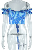 Royal Blue Casual Graphcis Print Sleeveless Backless Off Shoulder Crop Tops