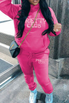 Rose Red Sportwear Casual Letter Print Long Sleeve Hooded Sweatshirt And Drawstring Pants Two Pieces Sweatpant Sets