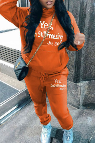 Orange Sportwear Casual Letter Print Long Sleeve Hooded Sweatshirt And Drawstring Pants Two Pieces Sweatpant Sets