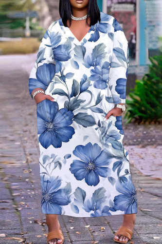 Blue Casual Floral Print V Neck Long Sleeve Ankle Length Casual Outing Straight Loose Maxi Dress With Pocket