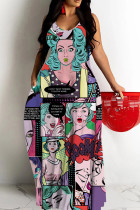 Multicolor Casual Figure Print Sleeveless Backless Spaghetti Strap Floor Length Casual Outing Vacation Loose Maxi Slip Dresses