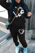 Black Sportwear Casual Graphics Print Long Sleeve Hooded Sweatshirt And Drawstring Pants Two Pieces Sweatpant Sets