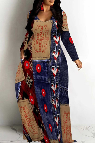 Dark Blue Casual Faux Denim Print V Neck Long Sleeve Floor Length Casual Outing Straight Loose Maxi Dress