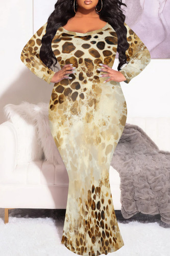 Light Khaki Casual Leopard Print O Neck Long Sleeve Floor Length Casual Outing Vacation Bodycon Fishtail Maxi Dress