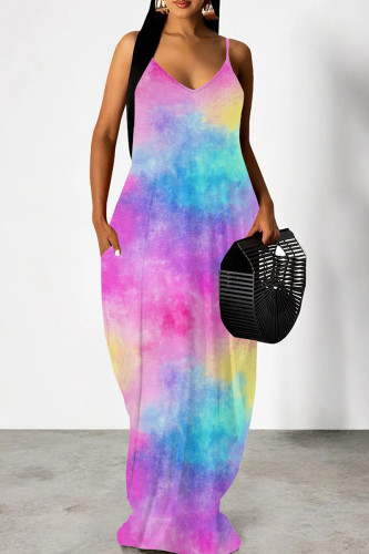 Purplish Blue Casual Graphcis Print Sleeveless Spaghetti Strap Floor Length Maxi Slip Dresses