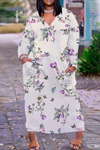 Grey Casual Floral Print V Neck Long Sleeve Ankle Length Casual Outing Straight Loose Maxi Dress with Pocket