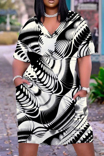 Apricot Casual Striped V Neck Short Sleeve Casual Outing Straight Loose Midi Dress With Pocket