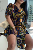 Rose Red Casual Abstract Print Slit V Neck Short Sleeve T-shirt and Skinny Shorts Two Pieces Matching Sets