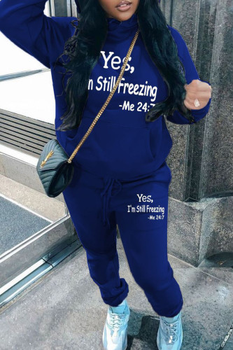 Blue Sportwear Casual Letter Print Long Sleeve Hooded Sweatshirt And Drawstring Pants Two Pieces Sweatpant Sets