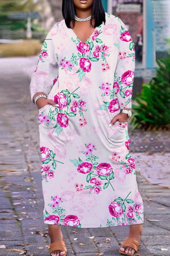 Pink Purple Casual Floral Print V Neck Long Sleeve Ankle Length Casual Outing Straight Loose Maxi Dress with Pocket