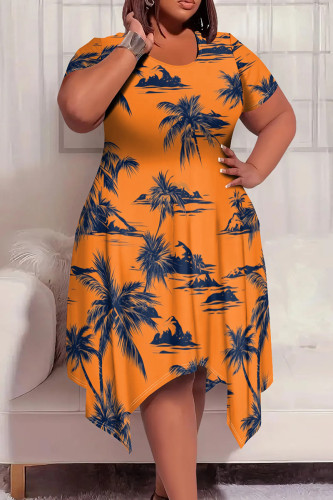 Orange Casual Graphic Floral Print O Neck Short Sleeve Knee Length Irregular Hem Loose Plus Size Straight Midi Dresses