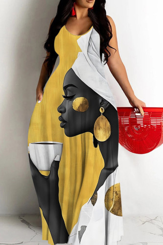 Yellow Casual Figure Print Sleeveless Backless Spaghetti Strap Floor Length Casual Outing Vacation Loose Maxi Slip Dresses