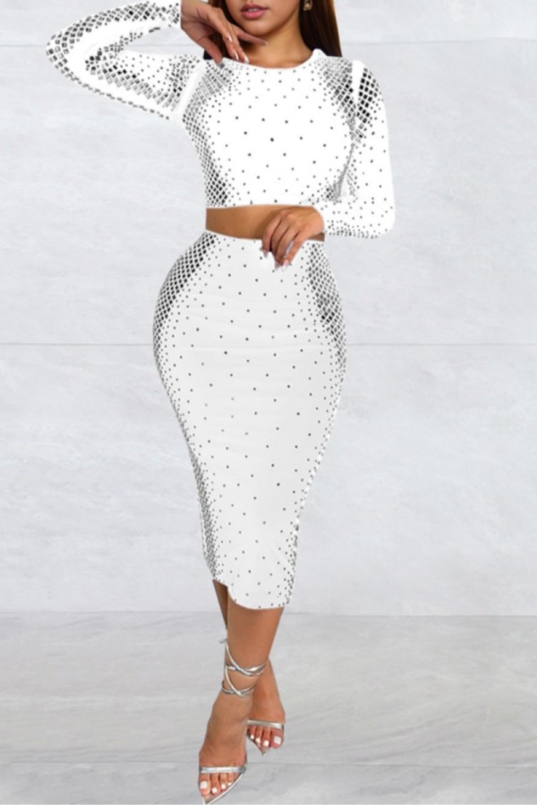 White Hot Drill O Neck Long Sleeve Crop Tops And Maxi Skirt Formal Evening Party Two Pieces Dress Sets