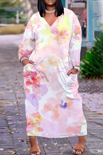 Peach Casual Floral Print V Neck Long Sleeve Ankle Length Casual Outing Straight Loose Maxi Dress With Pocket