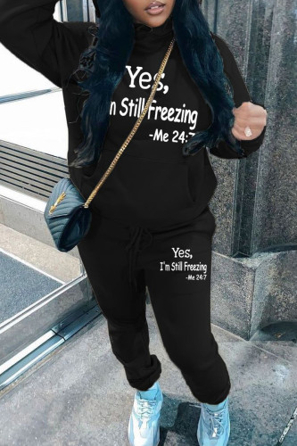 Black Sportwear Casual Letter Print Long Sleeve Hooded Sweatshirt And Drawstring Pants Two Pieces Sweatpant Sets