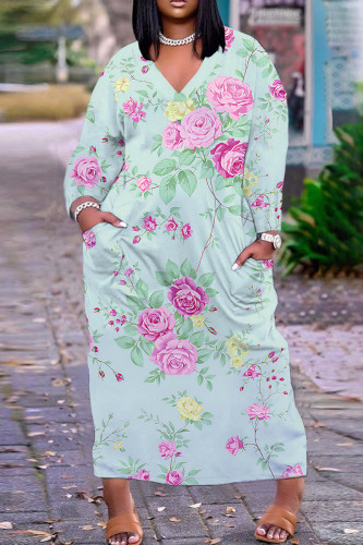Light Green Casual Floral Print V Neck Long Sleeve Ankle Length Casual Outing Straight Loose Maxi Dress with Pocket