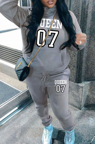 Grey Sportwear Casual Letter Print Long Sleeve Hooded Sweatshirt And Drawstring Pants Two Pieces Sweatpant Sets