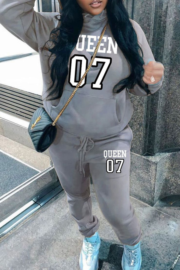 Grey Sportwear Casual Letter Print Long Sleeve Hooded Sweatshirt And Drawstring Pants Two Pieces Sweatpant Sets