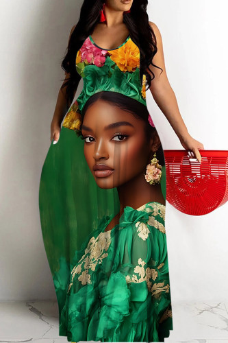 Green Casual Figure Print Sleeveless Backless Spaghetti Strap Floor Length Casual Outing Vacation Loose Maxi Slip Dresses