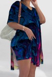 Rose Red Casual Abstract Print Slit V Neck Short Sleeve T-shirt and Skinny Shorts Two Pieces Matching Sets