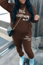 Brown Sportwear Casual Letter Print Long Sleeve Hooded Sweatshirt And Drawstring Pants Two Pieces Sweatpant Sets
