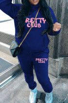 Blue Sportwear Casual Letter Print Long Sleeve Hooded Sweatshirt And Drawstring Pants Two Pieces Sweatpant Sets