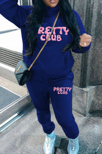 Blue Sportwear Casual Letter Print Long Sleeve Hooded Sweatshirt And Drawstring Pants Two Pieces Sweatpant Sets