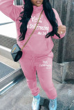 Grey Sportwear Casual Letter Print Long Sleeve Hooded Sweatshirt And Drawstring Pants Two Pieces Sweatpant Sets
