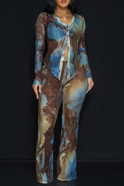 Blue Casual Graphics Print V Neck Long Sleeve Buckle Blouse And Flare Leg Pants Two Pieces Trouser Sets