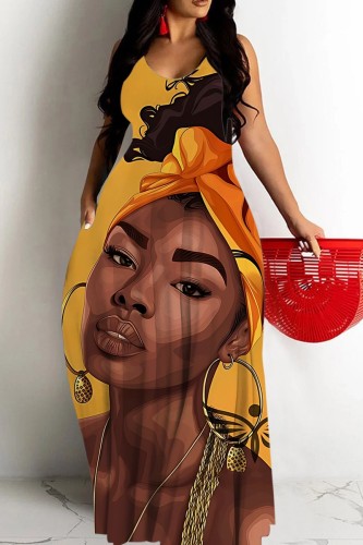 Earth Yellow Casual Figure Print Sleeveless Backless Spaghetti Strap Floor Length Casual Outing Vacation Loose Maxi Slip Dresses