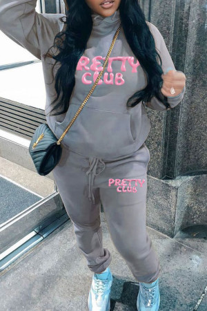 Grey Sportwear Casual Letter Print Long Sleeve Hooded Sweatshirt And Drawstring Pants Two Pieces Sweatpant Sets