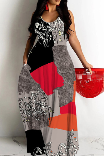 Grey Casual Figure Print Sleeveless Backless Spaghetti Strap Floor Length Casual Outing Vacation Loose Maxi Slip Dresses
