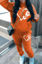 Orange Sportwear Casual Graphics Print Long Sleeve Hooded Sweatshirt And Drawstring Pants Two Pieces Sweatpant Sets