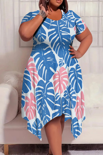 Blue Pink Casual Graphic Floral Print O Neck Short Sleeve Knee Length Irregular Hem Loose Plus Size Straight Midi Dresses