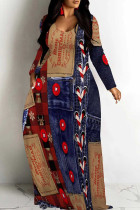 Blue Red Casual Faux Denim Print V Neck Long Sleeve Floor Length Casual Outing Straight Loose Maxi Dress