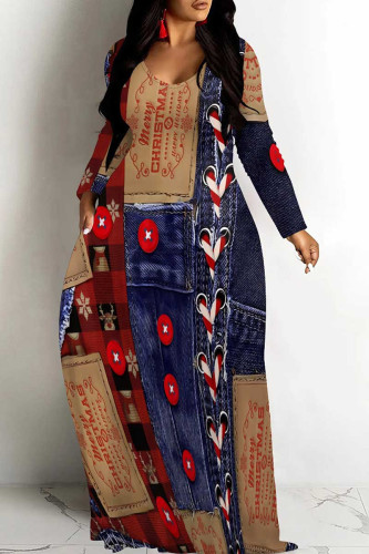 Blue Red Casual Faux Denim Print V Neck Long Sleeve Floor Length Casual Outing Straight Loose Maxi Dress