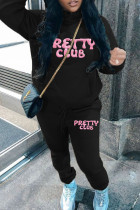 Black Sportwear Casual Letter Print Long Sleeve Hooded Sweatshirt And Drawstring Pants Two Pieces Sweatpant Sets
