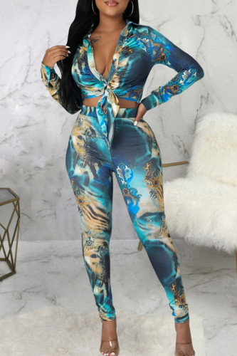 Blue Casual Graphics Print Turndown Collar Long Sleeve Buckle Front Tie Crop Blouse And Skinny Pants Vacation Two Pieces Trouser Sets