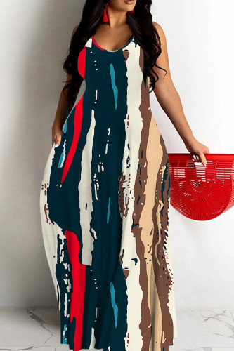 Stripe Casual Figure Print Sleeveless Backless Spaghetti Strap Floor Length Casual Outing Vacation Loose Maxi Slip Dresses