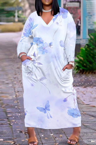 Light Blue Casual Floral Print V Neck Long Sleeve Ankle Length Casual Outing Straight Loose Maxi Dress with Pocket