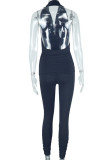 Black Casual Backless Sleeveless Ruched Halter Blouse And Pants Formal Evening Party Two Pieces Trouser Sets